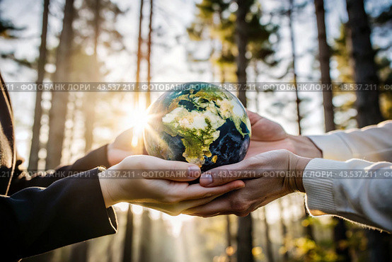 Female and male hands hold a small model of the Earth. Revival. Caring for the planet, ecological awareness and the unity of people in nature conservation. Стоковое AI-изображение, AI-художник Photojuli / Фотобанк Лори