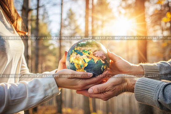 Female and male hands hold a small model of the Earth. Revival. Caring for the planet, ecological awareness and the unity of people in nature conservation. Стоковое AI-изображение, AI-художник Photojuli / Фотобанк Лори