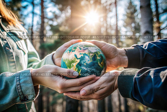 Female and male hands hold a small model of the Earth. Revival. Caring for the planet, ecological awareness and the unity of people in nature conservation. Стоковое AI-изображение, AI-художник Photojuli / Фотобанк Лори