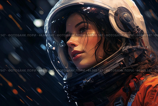 Female astronaut in space suit helm. Стоковое AI-изображение, AI-художник Иван Рябоконь / Фотобанк Лори