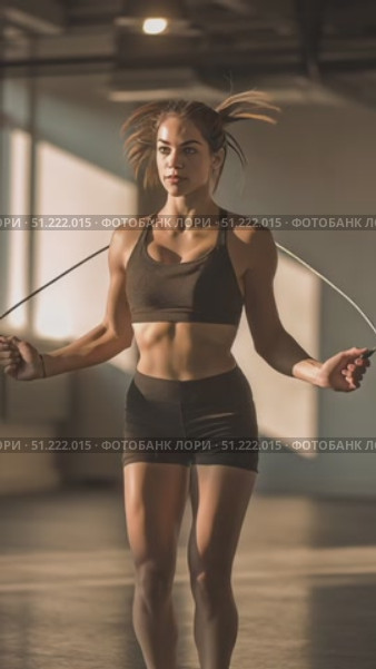 Female athlete jumping rope with intense focus, displaying muscular physique within bright, spacious gym setting, embodying fitness commitment and dynamic workout energy. Стоковое AI-видео, аниматор Юрий Поздников / Фотобанк Лори