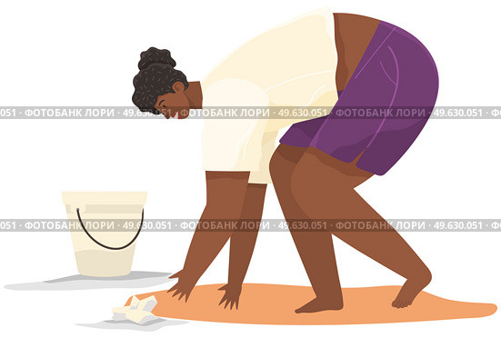 Female character bends over paper. Volunteer woman is cleaning sandy area. Girl volunteering collects garbage and rubbish on contaminated territory. Character throwing trash and paper waste. Female character bends over paper. Volunteer woman is cleaning sandy area and collects garbage. Стоковая иллюстрация, агентство Ingram Publishing / Фотобанк Лори