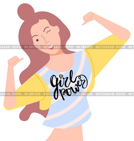 Female character wearing tshirt saying girl power vector. Flat style woman winking and pointing on herself, lady with top and happy face expression smiling. Girl Power Female Character with Feminist Tshirt. Стоковая иллюстрация, агентство Ingram Publishing / Фотобанк Лори