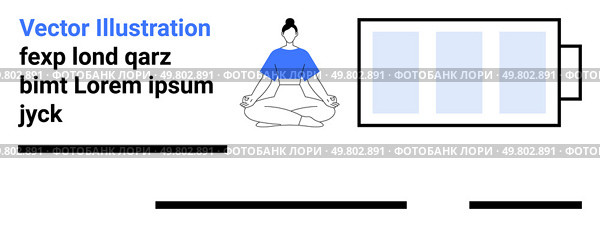 Female figure in lotus position meditating, accompanied by a large charging battery icon. Ideal for wellness, health, mindfulness, technology, fitness, meditation, relaxation, and lifestyle. Landing. Yoga Pose with a Charging Battery Symbolizing Relaxation and Energy Recharge. Стоковая иллюстрация, агентство Ingram Publishing / Фотобанк Лори