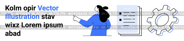 Female figure pointing at documents. Gear icon on the side. Ideal for business planning project management workflow process and strategy. Vector illustration with blue black and white colors. Banner. Business Planning and Strategy Concept with Female Figure Pointing at Documents and Gear Icon. Стоковая иллюстрация, агентство Ingram Publishing / Фотобанк Лори