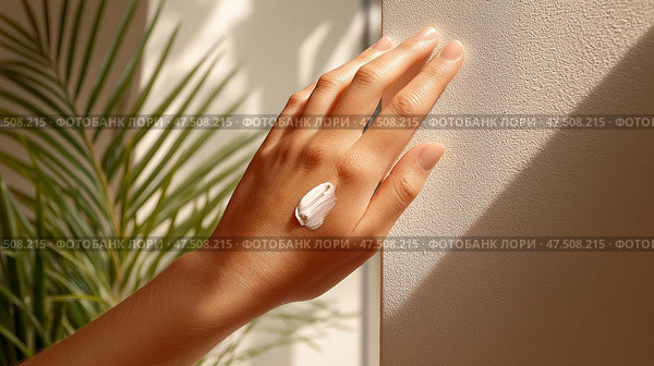 Female hand applying cream to arm in natural light with plant background. Женская рука наносит крем на руку при естественном освещении на фоне растений. Стоковое AI-изображение, AI-художник Katsiaryna Repich / Фотобанк Лори