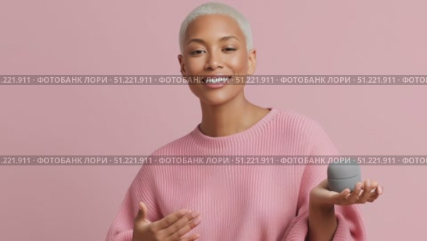 Female influencer showcasing small grey round object, wearing pink sweater, making expressive hand movements against pastel pink backdrop, blond hair styled short. Стоковое AI-видео, аниматор Юрий Поздников / Фотобанк Лори