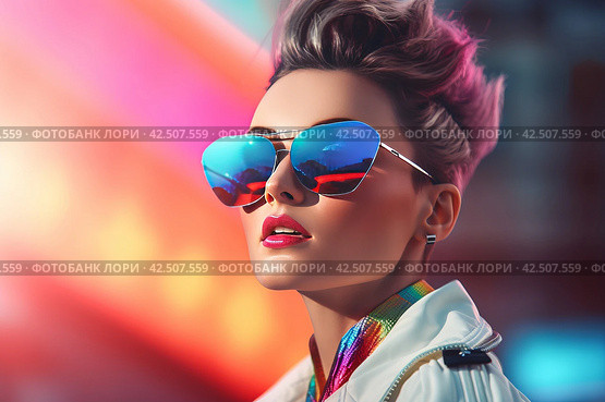 Female model wearing vibrant retro futuristic outfit. Generate ai. Стоковое AI-изображение, AI-художник Иван Рябоконь / Фотобанк Лори