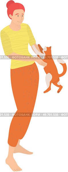 Female pet owner plays with cat. Caring for four-footed friend concept. Happy woman holding cute kitty friend isolated on white background. Kitten, domestic animal, human companion with lady. Female pet owner plays with ginger cat. Happy woman holding cute kitty friend, domestic animal. Стоковая иллюстрация, агентство Ingram Publishing / Фотобанк Лори