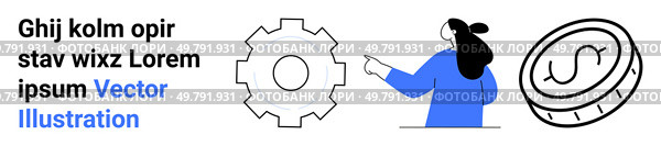 Female presenter pointing, large gear, and dollar coin. Ideal for business communication, finance, workshops, training, educational materials, engineering, and online platforms. Banner for landing. Professional Gear, Female Presenter, and Coin Symbol. Стоковая иллюстрация, агентство Ingram Publishing / Фотобанк Лори