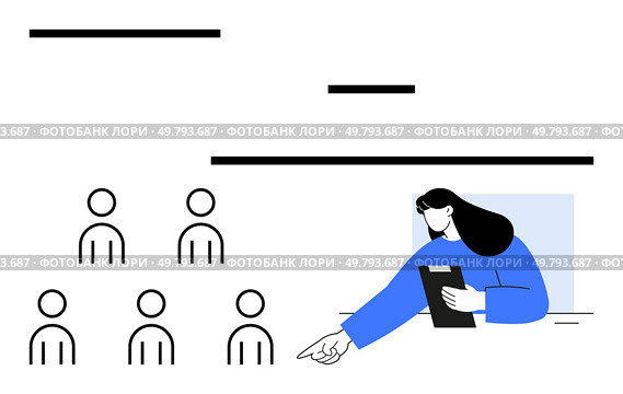 Female recruiter clipboard six applicants, minimalist style. Ideal for recruitment, hiring, human resources, job interviews, corporate business, office teamwork, employment processes. Line metaphor. HR Recruiter Selecting Candidate from Pool of Applicants with Clipboard. Стоковая иллюстрация, агентство Ingram Publishing / Фотобанк Лори