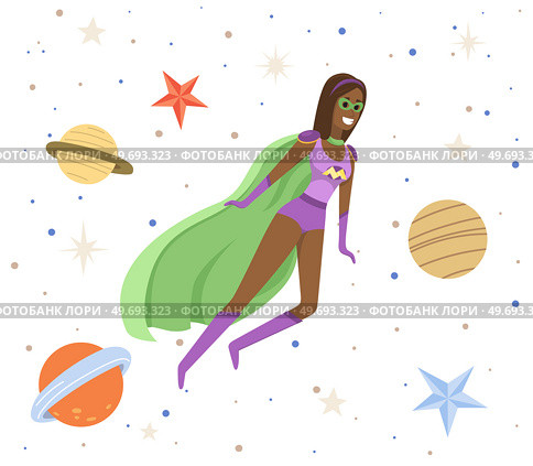 Female superhero at galaxy flying in space vector flat illustration. Woman in cosmic space near planet. Concept of facing with new and unknown. Flying person exploring space and discovering mysteries. Female superhero at galaxy flying in space vector illustration. Woman in cosmic space near planet. Стоковая иллюстрация, агентство Ingram Publishing / Фотобанк Лори