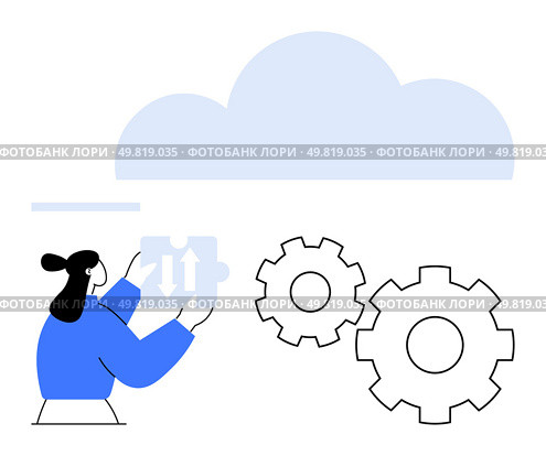 Female technician holding puzzle piece toward cloud with gears. Ideal for cloud computing, system integration, data management, technology, IT support, innovation, workflow optimization. Line. Female technician configuring cloud storage with gears representing system integration and data management. Стоковая иллюстрация, агентство Ingram Publishing / Фотобанк Лори