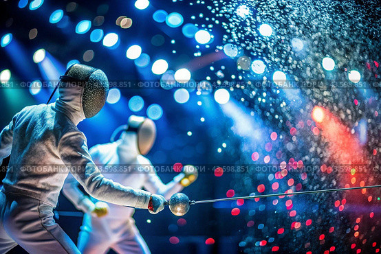 Fencers in the arena with rapiers in their hands during training are fighting a duel. Sports fencing. Fencing is a type of Summer Olympic Games. Стоковое AI-изображение, AI-художник Photojuli / Фотобанк Лори