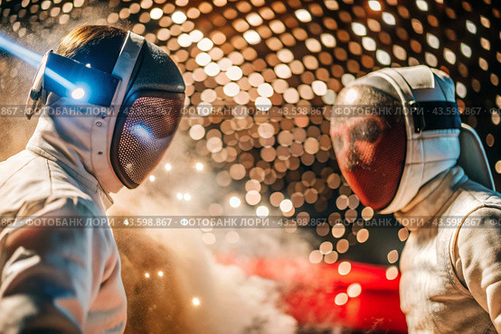 Fencers in the arena with rapiers in their hands during training are fighting a duel. Sports fencing. Fencing is a type of Summer Olympic Games. Стоковое AI-изображение, AI-художник Photojuli / Фотобанк Лори