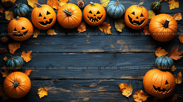 Festive card with carved pumpkins and autumn leaves on a rustic wooden table during Thanksgiving season. Стоковое AI-изображение, AI-художник Людмила Лесовая / Фотобанк Лори