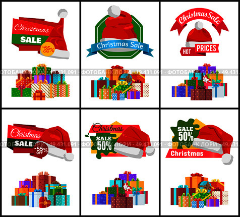 Festive Christmas sale announcement posters set with heaps of gifts wrapped in bright paper with bows and Santa hat cartoon vector illustrations set.. Festive Christmas Sale Announcement Posters Set. Стоковая иллюстрация, агентство Ingram Publishing / Фотобанк Лори