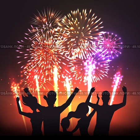 Festive firework black human silhouettes poster. Celebrating people black silhouettes against sparkling lights of bursting into sky  fireworks balls banner abstract vector illustration. Стоковая иллюстрация, агентство Ingram Publishing / Фотобанк Лори