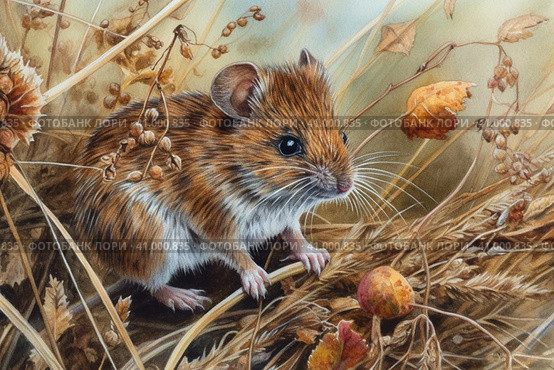 Field mouse among the grass, watercolor style, Generative AI. Стоковое AI-изображение, AI-художник Анна Кривицкая / Фотобанк Лори