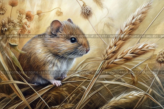 Field mouse among the grass, watercolor style, Generative AI. Стоковое AI-изображение, AI-художник Анна Кривицкая / Фотобанк Лори