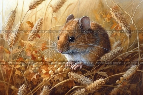 Field mouse among the grass, watercolor style, Generative AI. Стоковое AI-изображение, AI-художник Анна Кривицкая / Фотобанк Лори