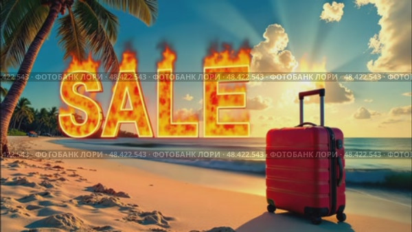 Fiery burning sign word SALE And red suitcase on seashore with tropical palm trees in light of sun, ocean sunset background. Hot summer sale and discounts, burning tour banner, flyer. AI generated. Стоковое AI-видео, аниматор Ольга Симонова / Фотобанк Лори