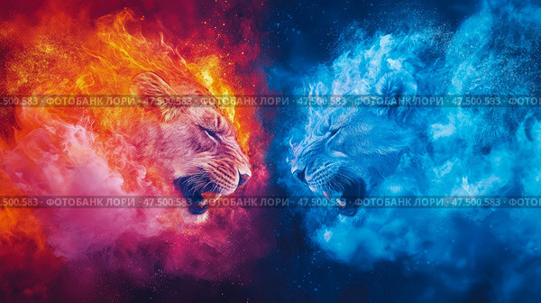 Fiery Confrontation: A dualistic lion clash of ice and fire, an elemental struggle portrait for digital art, poster, and print media. Стоковое AI-изображение, AI-художник Данила Большаков / Фотобанк Лори