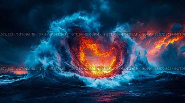 Fiery Portal: swirling vortex of lava and ocean, a powerful depiction of elemental chaos and raw energy. For adventure game promo, or a fantasy novel cover. Стоковое AI-изображение, AI-художник Данила Большаков / Фотобанк Лори