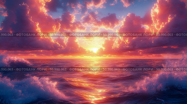 Fiery Sunset over a Turbulent Ocean: A Dramatic Seascape. Стоковое AI-изображение, AI-художник Данила Большаков / Фотобанк Лори