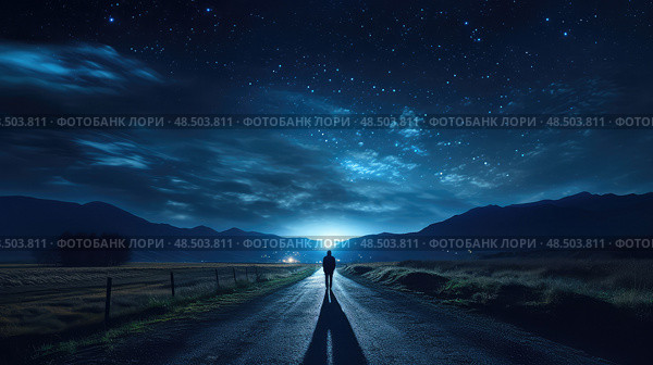 figure road night stars ai generated. Стоковое AI-изображение, AI-художник Vectorwin / Фотобанк Лори