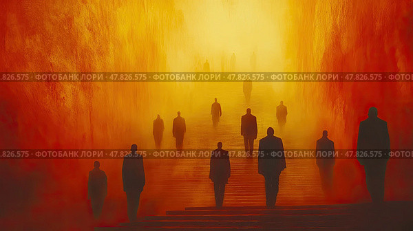 Figures in dark suits ascend stairs enveloped in a golden, hazy atmosphere, creating a surreal and eerie ambiance at dusk. Стоковое AI-изображение, AI-художник Данила Большаков / Фотобанк Лори
