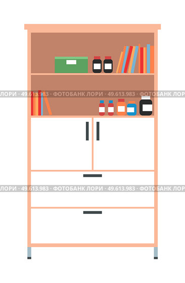 Filing cabinet with files and documents isolated on white background. Shelves with medicines and bottles with liquids. Commode for storage of medical items. Bookcase in doctor s office interior design. Filing cabinet with files and documents isolated on white background. Shelves with medicines. Стоковая иллюстрация, агентство Ingram Publishing / Фотобанк Лори