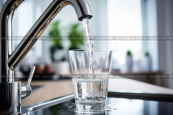 Filling a glass cup from a kitchen faucet. Стоковое AI-изображение, AI-художник Veniamin Kraskov / Фотобанк Лори