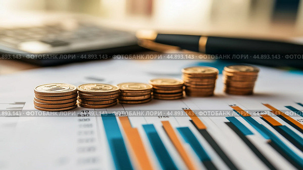 Financial analysis with coins and charts on a desk showcasing investment trends and calculations. Стоковое AI-изображение, AI-художник Сергей Толмачёв / Фотобанк Лори