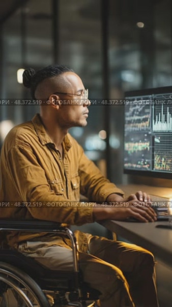 Financial analyst working late on computer in wheelchair. Стоковое AI-видео, аниматор Юрий Поздников / Фотобанк Лори