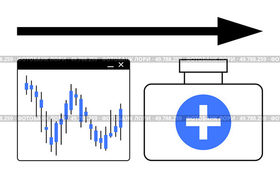 Financial chart with fluctuating data next to a medical bottle with a cross symbol, followed by a black arrow pointing right. Ideal for financial health, medical industry, progress, investment. Financial Chart and Medical Bottle with Arrow Highlighting Directional Movement and Trends. Стоковая иллюстрация, агентство Ingram Publishing / Фотобанк Лори