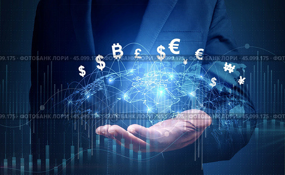 Financial Technology, internet payment, money exchange, digital banking concept. Businessman with hologram world and currency icons and bitcoin cryptocurrency on virtual screen. Стоковое фото, фотограф Павел Муравьев / Фотобанк Лори