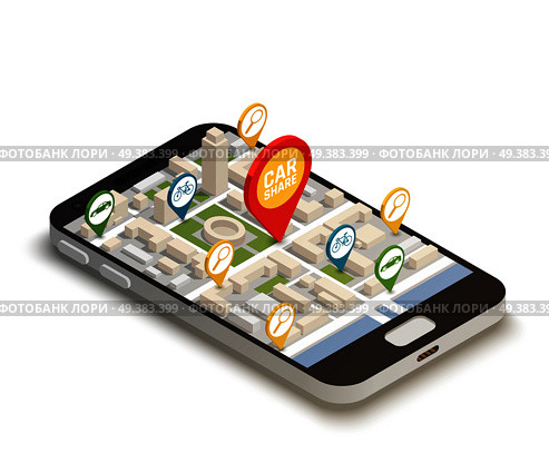 Find car online abstract composition with  mobile smartphone web application used for carsharing carpooling ridesharing isometric vector illustration. Find Car Online Abstract Composition . Стоковая иллюстрация, агентство Ingram Publishing / Фотобанк Лори