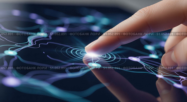 Finger activating neural network on liquid touch screen, person interacting with futuristic artificial intelligence system creating ripples on water surface. Стоковое AI-изображение, AI-художник Павел Муравьев / Фотобанк Лори