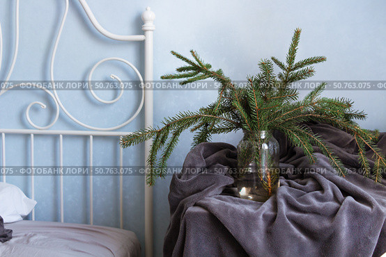 Fir branches in transparent glass vase. Стоковое фото, фотограф Акимова Надежда / Фотобанк Лори