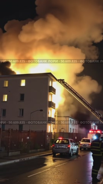 Firefighters extinguish a fire in multistory apartment building. Стоковое AI-видео, аниматор Sergey Grishin / Фотобанк Лори