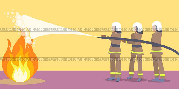 Firefighters in Helmets Trying to Extinguish Fire. Poster depicting fire, vector illustration of three firefighters wearing helmets and uniform trying to put out flame with help of hose and water. Стоковая иллюстрация, агентство Ingram Publishing / Фотобанк Лори