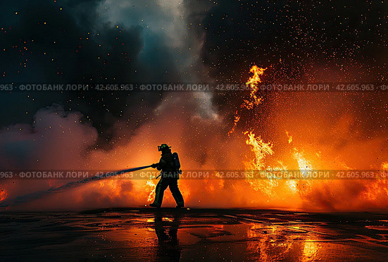 Firefighters using high pressure water to extinguish fires and save lives. silhouette concept. Стоковое AI-изображение, AI-художник Ярославский Максим / Фотобанк Лори