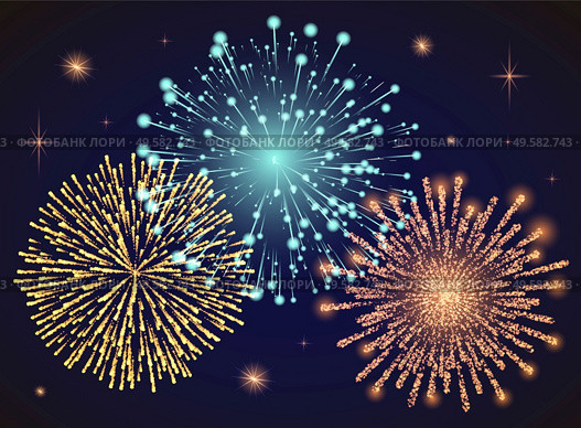 Firework sparkling with lights, fireworks on night or evening sky. Explosion for festival, festive moods. New Year celebration holidays. Bright and shiny decoration. Vector sparkle and glittering ray. Firework Explosive Burst Flare Decorative Glowing. Стоковая иллюстрация, агентство Ingram Publishing / Фотобанк Лори