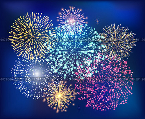 Fireworks decorative splashes at night sky. Abstract decoration in darkness. Celebration of christmas or new year. Holidays and parties performance. Illuminated pyrotechnics vector in flat style. Bright Fireworks at Nighttime Sky Celebration. Стоковая иллюстрация, агентство Ingram Publishing / Фотобанк Лори
