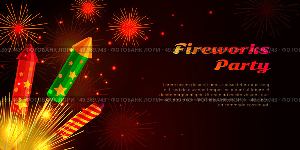 Fireworks party web banner vector illustration. Organization of fireworks festivals with different kinds of amazing fireworks pyrotechnic devices as flower pot, firecracker in celebration concept.. Organization of Fireworks Party. Pyrotechnic Set. Стоковая иллюстрация, агентство Ingram Publishing / Фотобанк Лори
