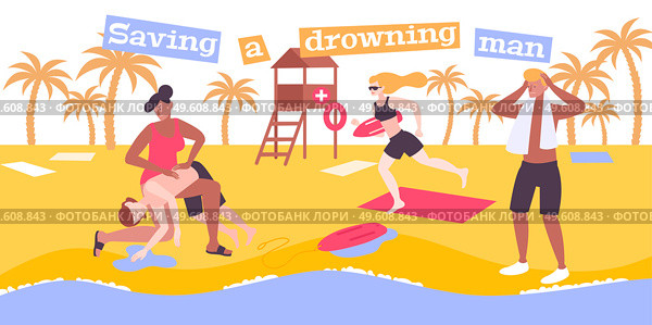First aid drowning flat composition with text and view of beach with people resuscitating pulled person vector illustration. Saving Drowning Man Composition. Стоковая иллюстрация, агентство Ingram Publishing / Фотобанк Лори