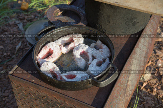 Fish fried in a frying pan on a wood-burning stove. Стоковое фото, фотограф Круглов Олег / Фотобанк Лори