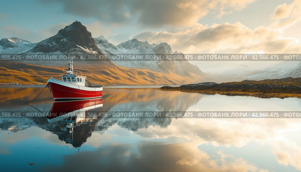 fishing boat moors in reflection under mountain peaks. Стоковое AI-изображение, AI-художник Юлия Гапеенко / Фотобанк Лори