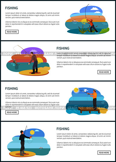 Fishing website landing page sample with text and fishery situations. Rodman throwing tackle, man with landing net, angling from dock and riverside.. Fishing Man Situations in Spots for Landing Page. Стоковая иллюстрация, агентство Ingram Publishing / Фотобанк Лори